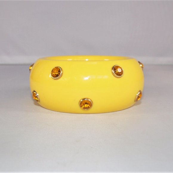 Yellow X-Wide Vintage Acrylic Bangle with Rhinestone Accents - Picture 5 of 5